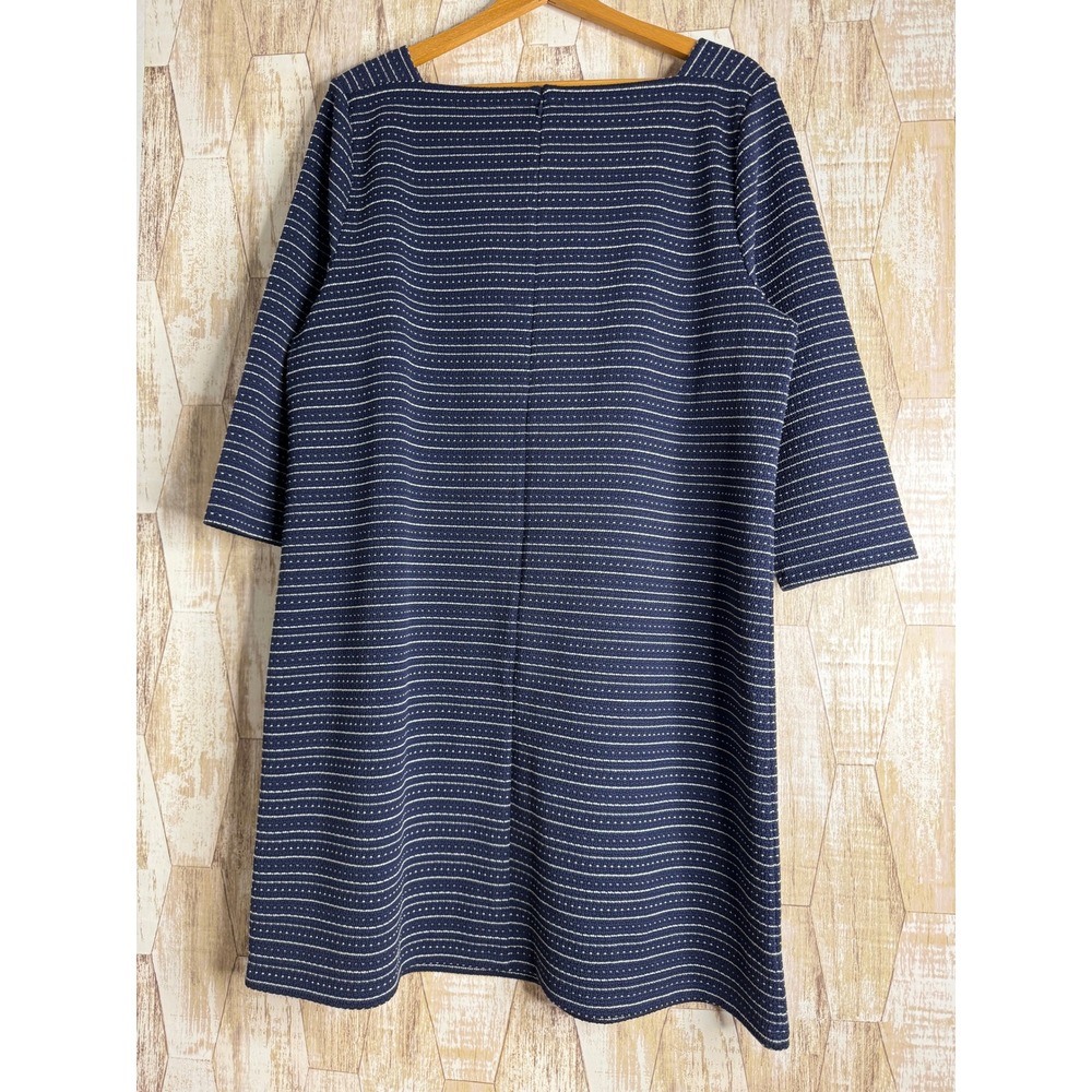 Loft Navy Blue Pinstripe Square‎ Neck Shift Dress XL 3/4 Sleeve Textured Knit - Picture 3 of 7
